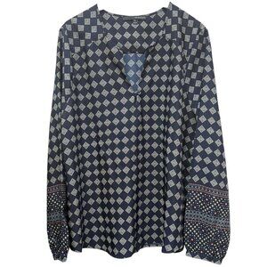 Harve Benard Womens Top XL Navy Blue Print Tunic Blouse Long Sleeve Boho